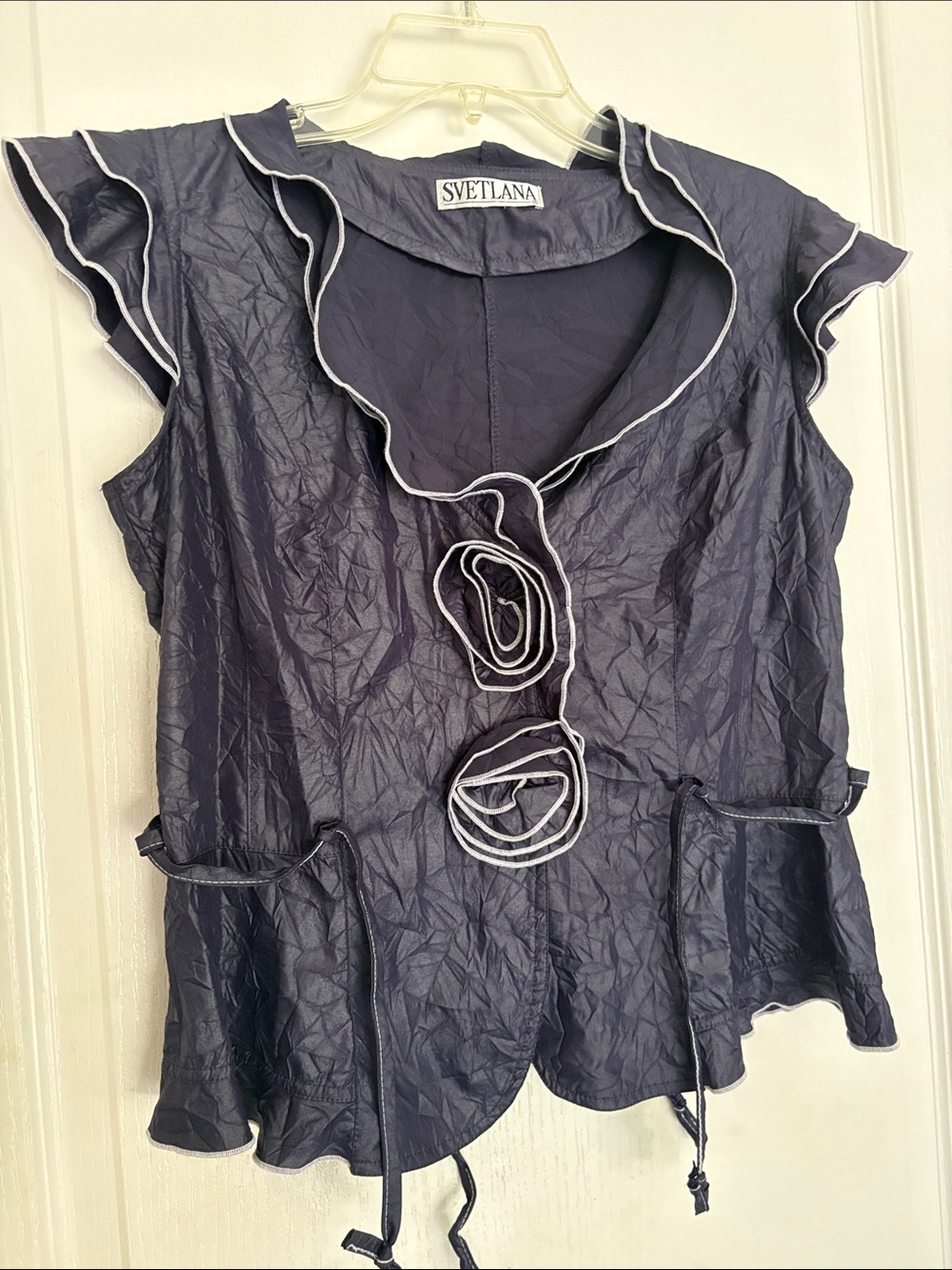 Navy Ruffle-Trim Sleeveless Blouse